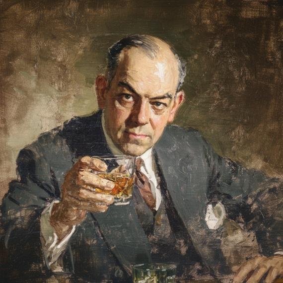 A bald scholar with a glass of whiskey