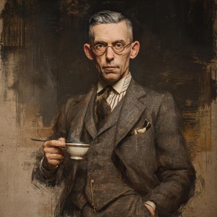 A bespectacled scholar with a teacup
