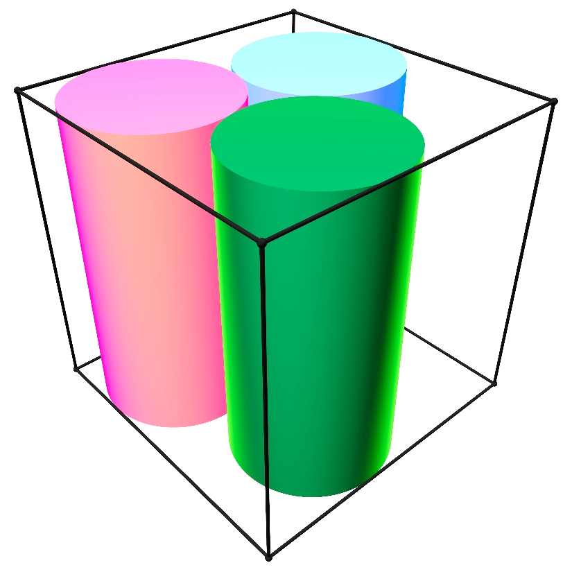 Three parallel cylinders in a cube